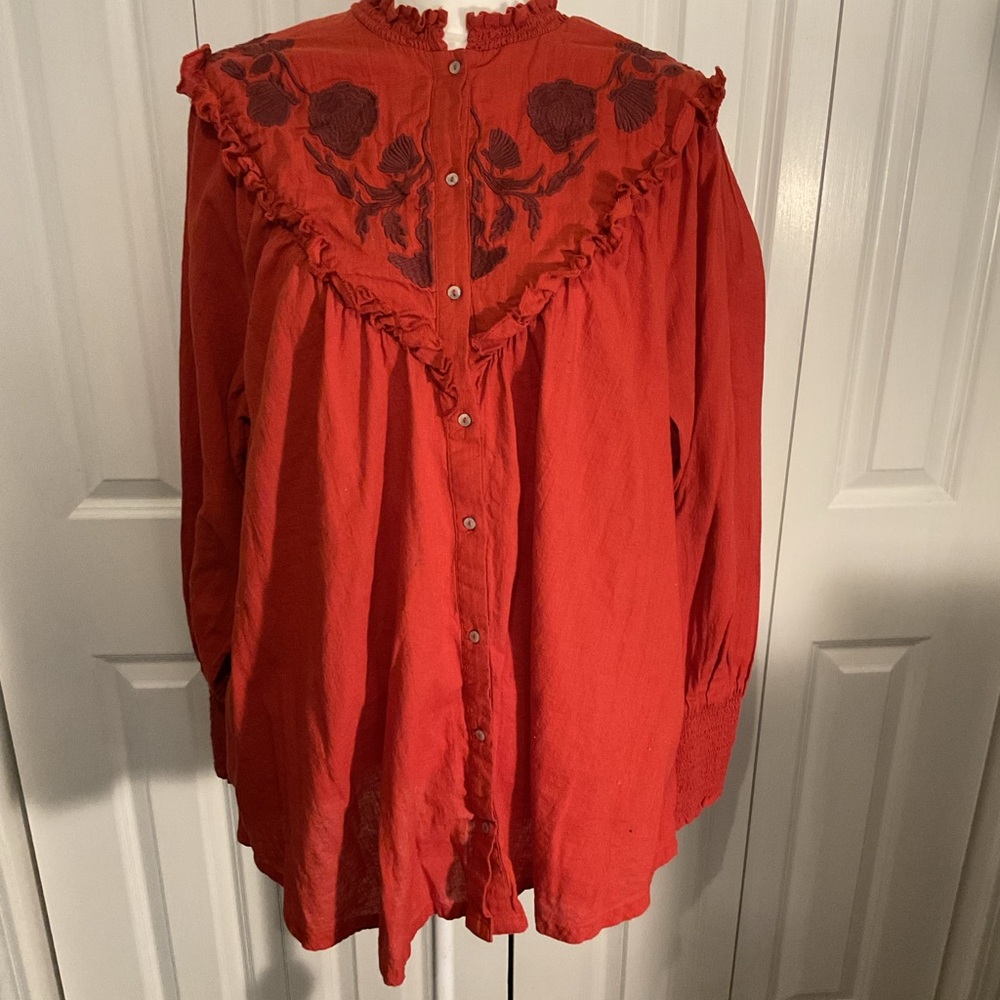 Free People Oversized Scarlet Red Floral Blouse